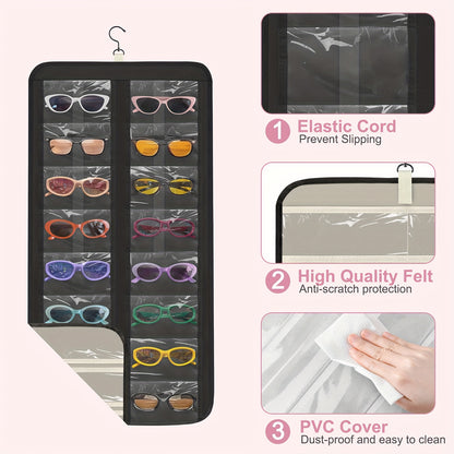 Hanging Glasses Organizer 32 Slots Wall Mounted Sunglasses Storage Holder Double Sided 360 Rotatable Dustproof Travel Eyeglasses Jewelry Organizer