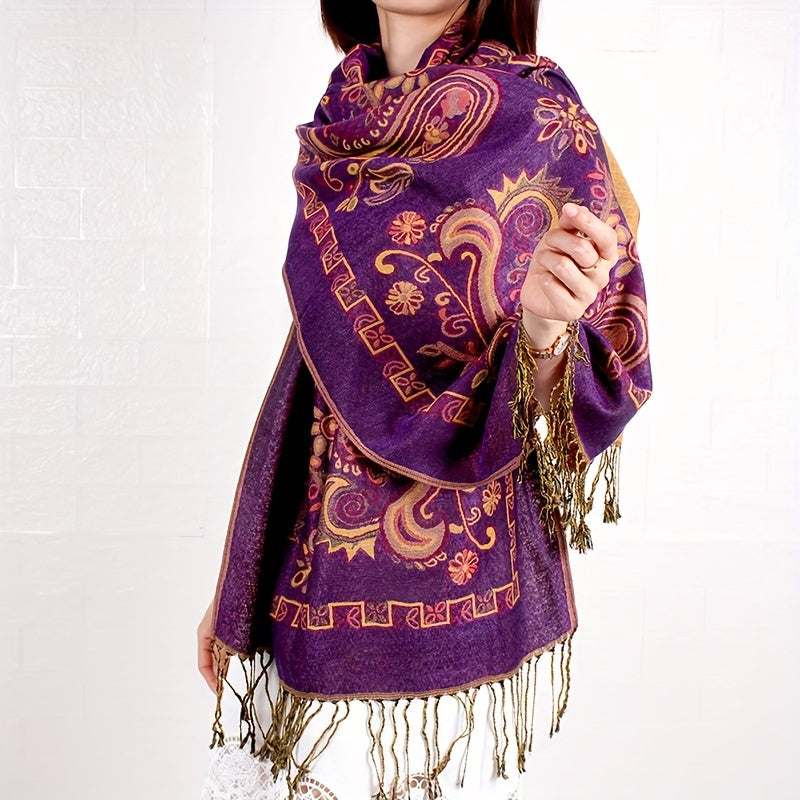 Brightly Colored Paisley Patterned Burgundy Scarf - Cozy, Warm, And Adaptable Neck Wrap Ideal for Travel, Music Festivals, And Daily Fashion - Ethnic-Inspired Shawl with Fringe Accents