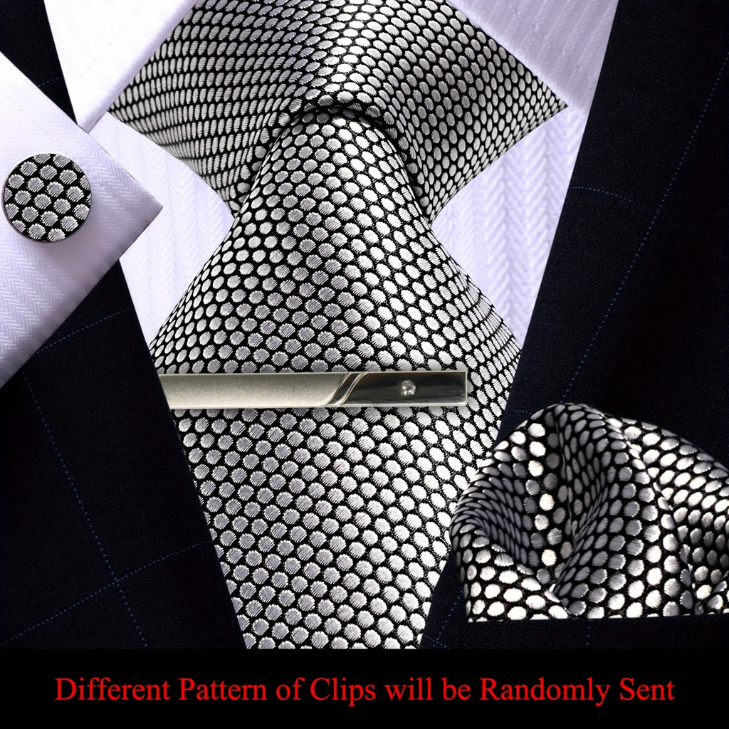 4pcs Mens Silvery Grey Tie Set Necktie Pocket Square Cufflinks And Clip Set for Wedding Groom Party Business Mens Gift