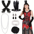 1920s V Neck Sequin Beaded Fringed Dress with 20s Accessories Set