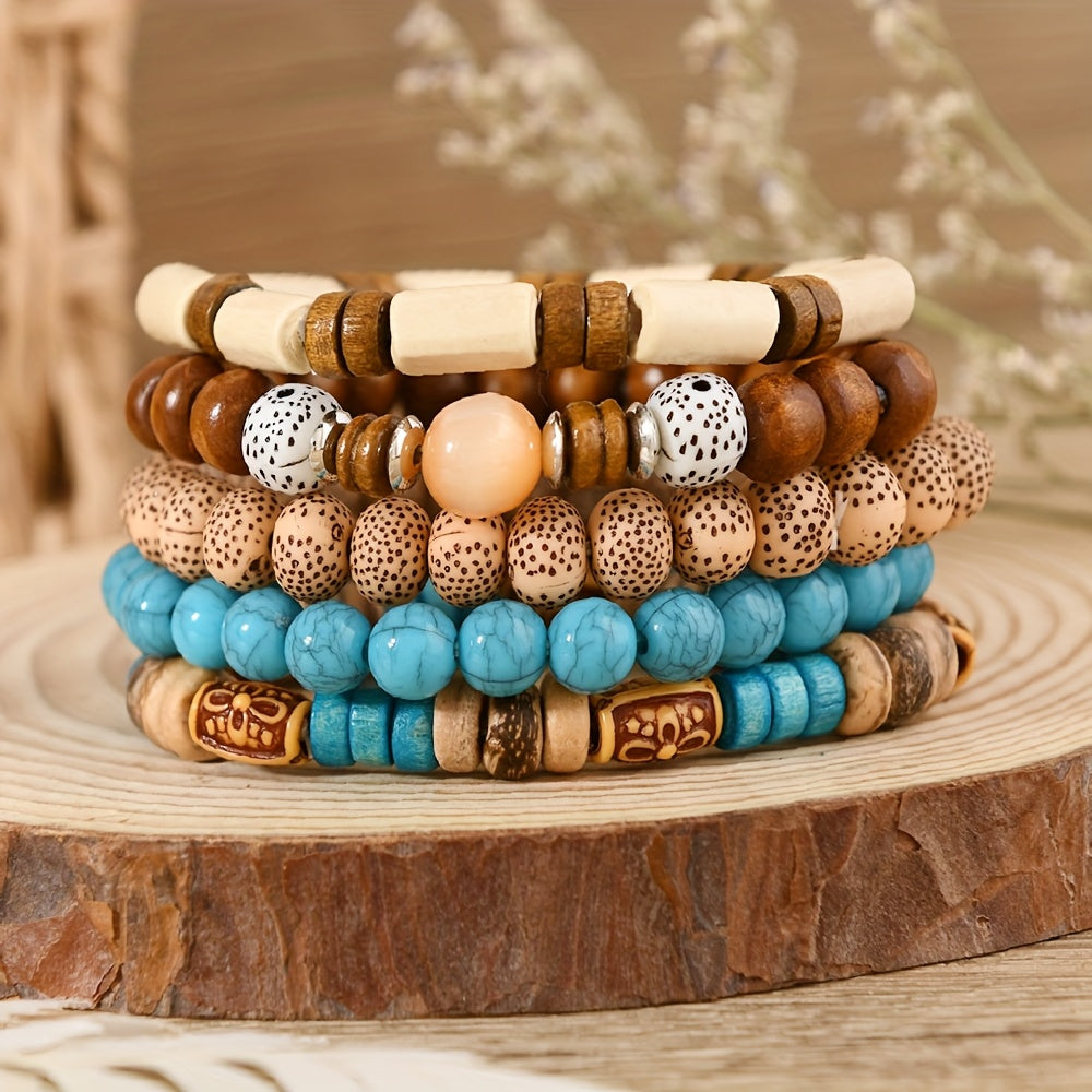 40pcs Vintage Western Styles Wooden Bead Bracelets Set for Women - Multi-Layer Assorted Colors Bracelet, Feather, Heart, Tree Charms, Summer Casual Style Daily Wear Jewelry, Ideal Holiday Gift