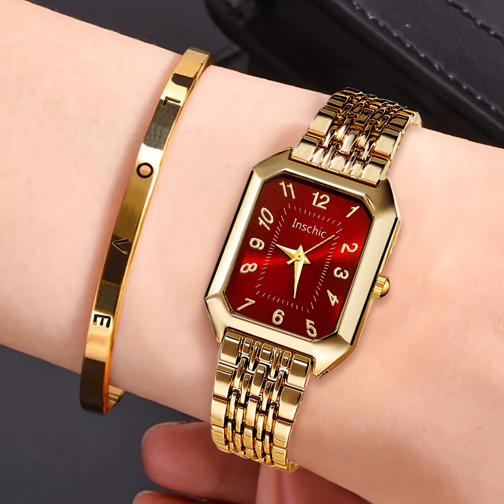 A 2pcs Women's Watch Gift Set Featuring a Trendy Open Bangle Combination with a Casual Quartz Watch, Classic Vintage Rectangular Dial Watches for Men, Christmas, Birthday Gifts, Reloj Para Hombre.(Box Not Included).