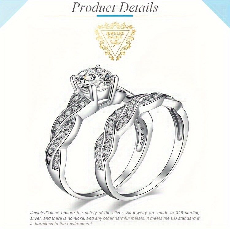 [Wedding Engagement Ring] 2pcs/Set 925 Sterling Silver Classic And Elegant Infinity Knot Design Round Cut Cubic Zirconia Decor Silvery Wedding Engagement Ring for Woman Bridal Set Ring Band Stackable Fine Jewelry