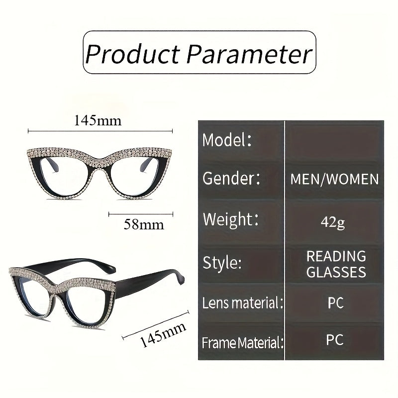 Cat Eye Reading Glasses Blue Light Blocking 2 Pack Women Rhinestone Decor Fashion Readers PC Frame Multiple Strengths Home Office Party Gift for Mom Girlfriend