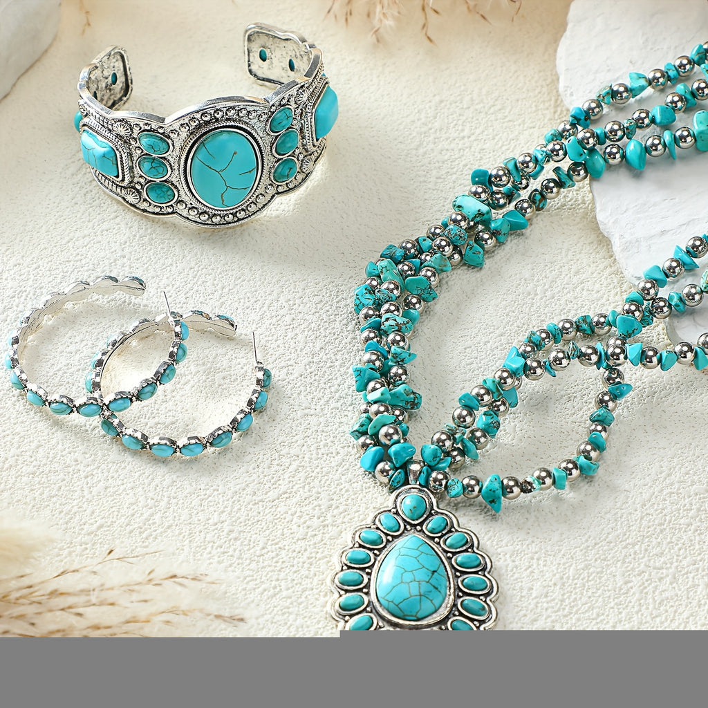 3pcs Western Jewelry for Women Bohemian Set, Boho Pendant Long Choker, Layered Bracelet, Dangle Earrings for Gifts Mother, Friends