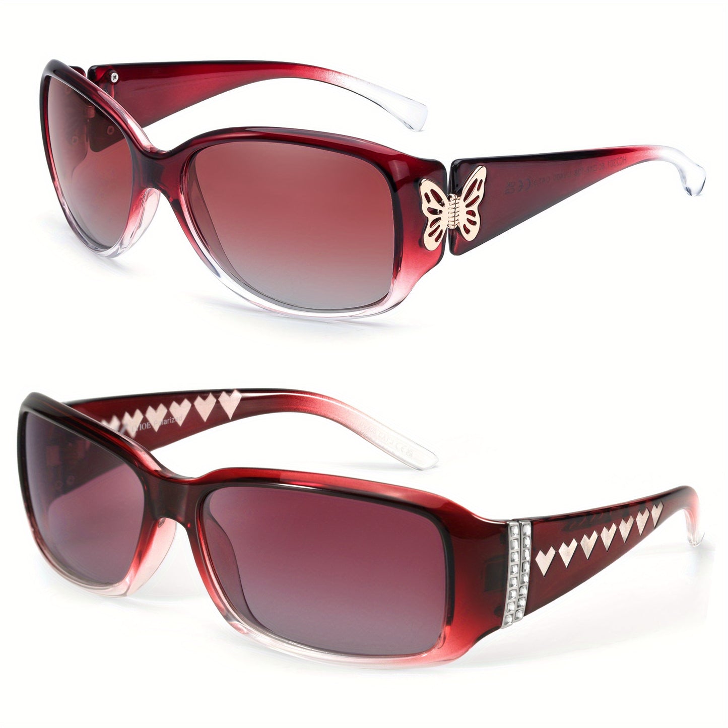 Polarized Sunglasses for Women 2 Pack - Butterfly Heart Wrap-Around Jackie-O Style UV400 Protection, Trendy Oversized Fashion Shades in Gradient Blue, Gray, Black, Pink & Rainbow Colors