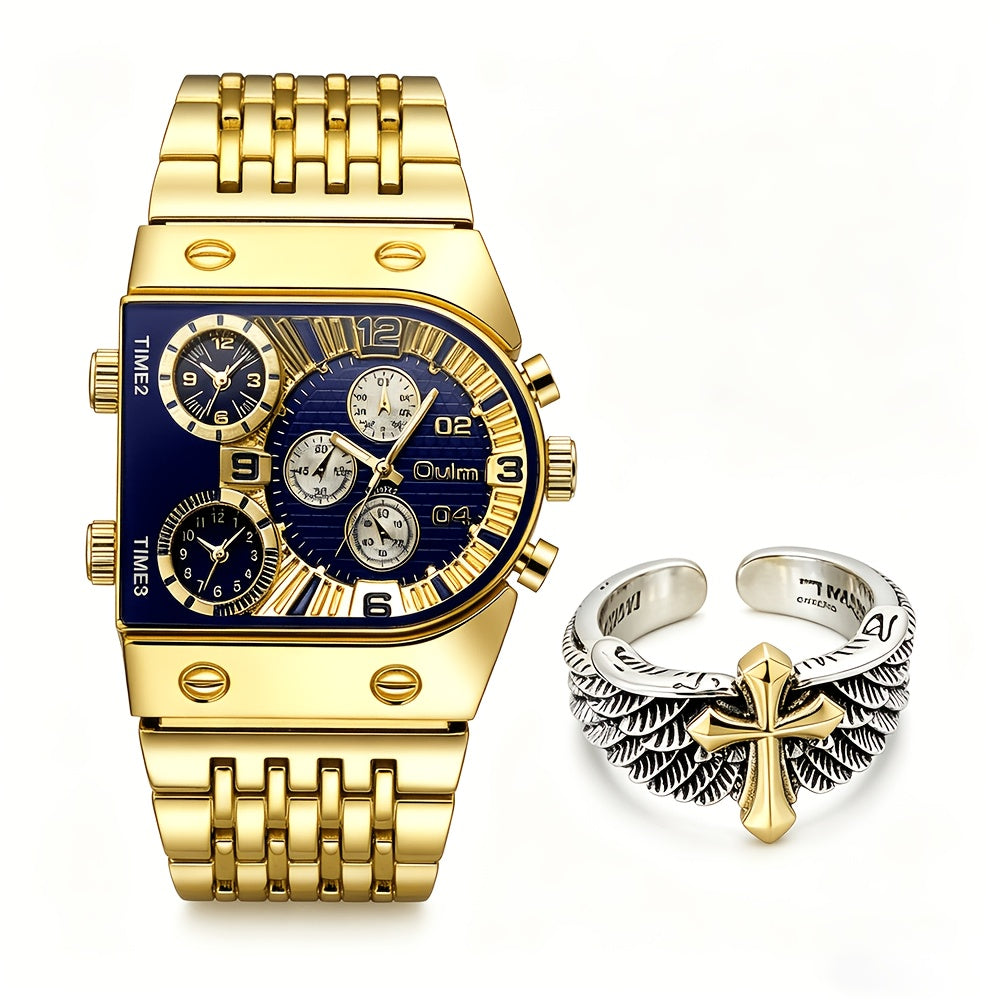 Opulent Men'S Golden Quartz Watch - Stylish Business Timekeeper Featuring Chronograph & Date Function, Alloy Band & Case, Powered by 36V Battery, Formal Attire Accessory | Refined Design | Roman Numeral Indicators