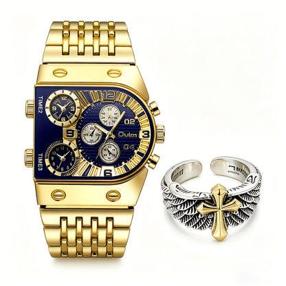 Gold Watch for Men Luxury Quartz Chronograph Roman Numeral Dial Date Multi-Timezone Alloy Band Business Formal Dress Wristwatch Golden Silver Blue Black