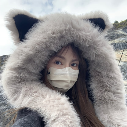 Cat Ear Hat with Integrated Scarf - Soft Warm Winter Beanie with Faux Cat Ears for Women Men One Size Fits All Cute Kawaii Hat for Themed Party Halloween Cosplay Casual Wear Grey White