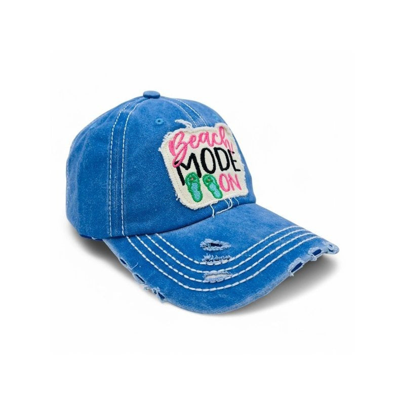 Beach Mode On Vintage Distressed Embroidered Baseball Cap For Women - 100% Cotton, Breathable, Casual, Adjustable, UV Protection