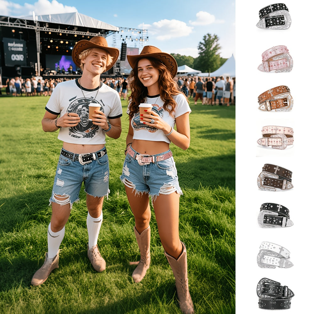 1pc WHIPPY PU Leather Belt Suitable for Men & Women - Rhinestone Studded Punk Carved Buckle Belt with Sky Rhinestone Carvings, Unisex Western Festival Accessories, Hip-Hop Belt for Costumes, Parties, Daily Wear
