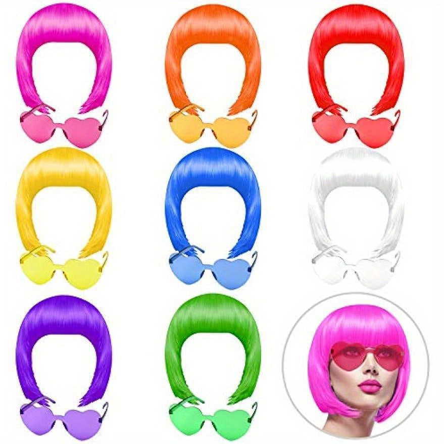 14/16 Pieces Colorful Party Fun Set - Party Wigs and Sunglasses - Neon Short Bob Wig Sunglasses Set Costume Colorful Cosplay Wig - For Bachelorette, Halloween, Christmas, New Year, Birthday Parties -  Fun Gift for Adults & Teens