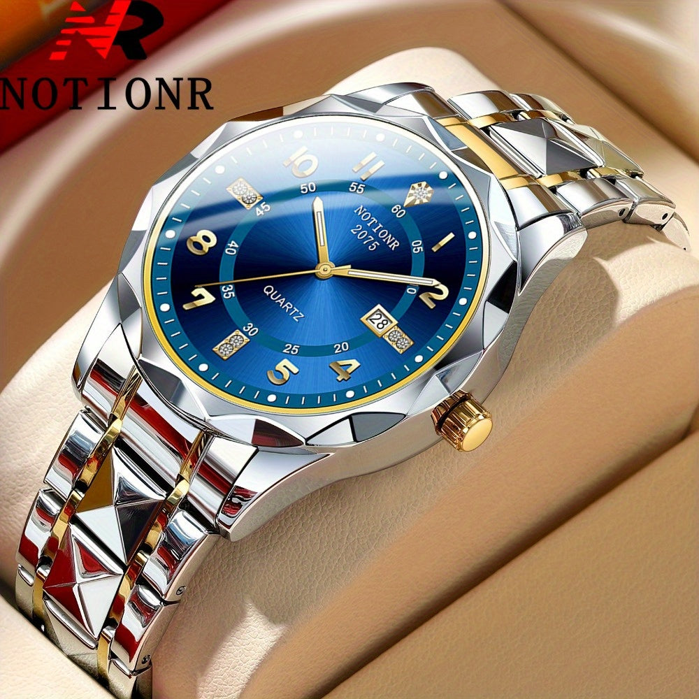Men's Roman Numeral Rhinestone Quartz Watch Stainless Steel Strap – Date Display Minimalist Classic Design Fashion Wristwatch Gift, Golden Silvery Blue