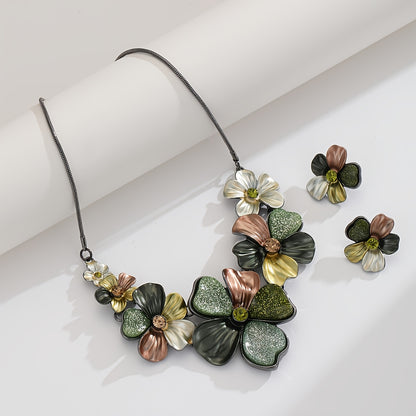 Boho Bib Necklace & Earring Set - Chunky Green Floral Leaf Vintage Statement Jewelry for Women, Bohemian Costume Jewelry for Wedding, Party & Prom, Unique Gift Set
