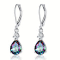 925 Sterling Silvery Created Rainbow Quartz CZ Teardrop Leverback Earrings Drop Dangly Gemstone Earings Hypoallergenic Birthday Jewelry Gifts for Women