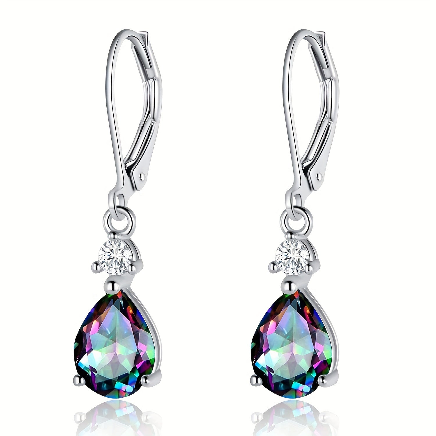 925 Sterling Silvery Created Rainbow Quartz CZ Teardrop Leverback Earrings Drop Dangly Gemstone Earings Hypoallergenic Birthday Jewelry Gifts for Women