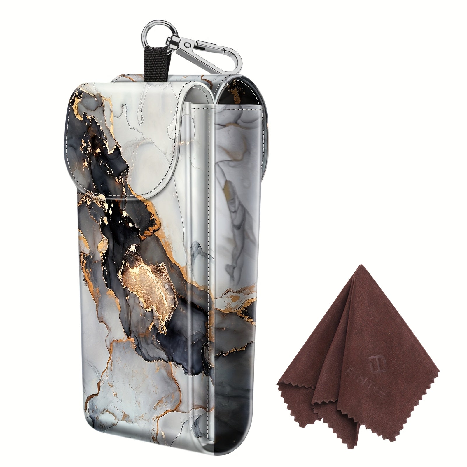 Portable Eyeglass Case Made of Vegan Faux Leather, Featuring a Double Design And a Carabiner Hook, Ideal for Protecting Glasses from Scratches