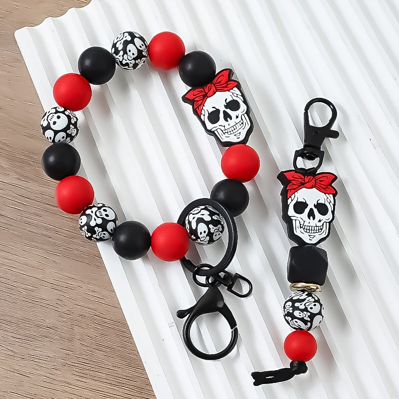 2pcs/set Skull Handmade Beaded Keychain Beaded Wrist Key Ring Bag Hanging Ornament Female Key Pendant Anti Lost Pendant Perfect Gift for Friends