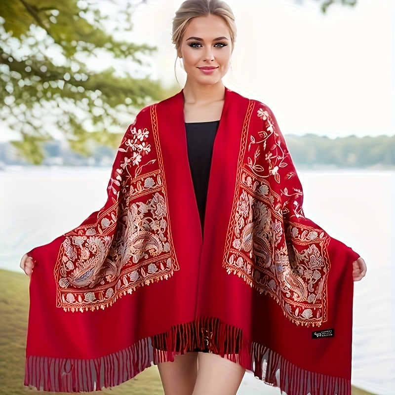 Women' Bohemian Cashmere Shawl Scarf - Vintage Paisley Embroidery Suitable for Spring/Fall, Lightweight Warmth with Tassel Trim, Navy/Orange/White Retro, Hand Washable for Casual & Outfits (Multi-Color Options)