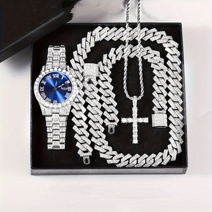 Cuban Link Jewelry Set for Women – Necklace, Bracelet, Pendant & Wristwatch Full Set, Luxury Gift for Valentine's Day, Christmas & Birthday, Multiple Colors