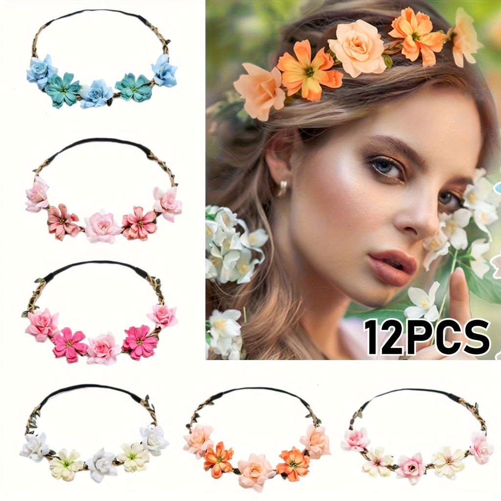 12pcs Bohemian Chic Floral Crown Headbands, Floral Crown Headbands, Adjustable Tiaras for Women, Perfect Wedding Bridal Bridesmaid Headdress Hair Accessories for Formal Occasions, Great for Birthday Gifts, Party, Christmas Gifts