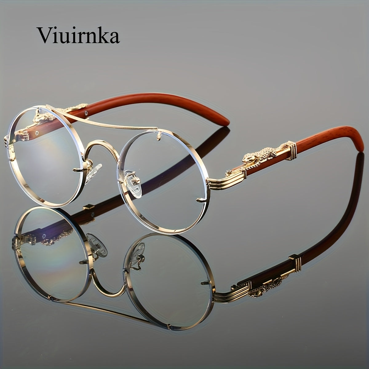 Round Metal Frame Sunglasses for Men Women - Luxury Double Bridge Gradient PC Lenses Leopard Hinge Detail with Case, Stylish Chic Shades for Vacation Street Photography Gift in 5 Colors