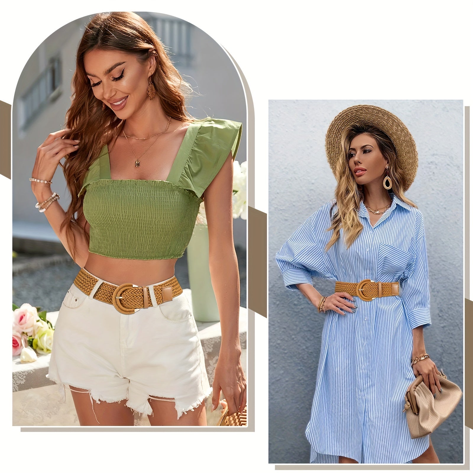 Women'S Braided Rattan Wide Belt Waist Belt with Half-Circle Buckle for Summer Dress Jeans Pants