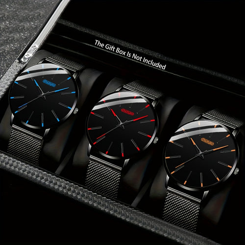 Men's 3-Piece Quartz Watch Set — Rhinestone Analog Dials, Casual & Dressy Wristwatches | Red, Blue & Orange