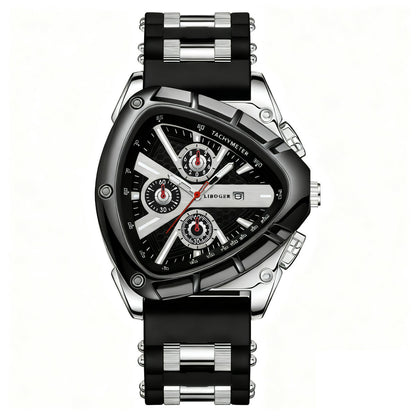 Men's Triangular Dial Quartz Watch – Unique Luxury Design, Silicone & Steel Band, Date Chronograph, Business Casual Wristwatch, Gift for Him