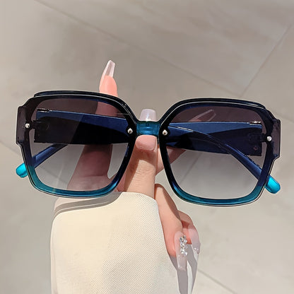 Studded Sunglasses Women Geometric Frame UV400 PC Lenses Lightweight Fashion Statement Shades with Case for Beach Vacation Travel Daily Wear Blue White