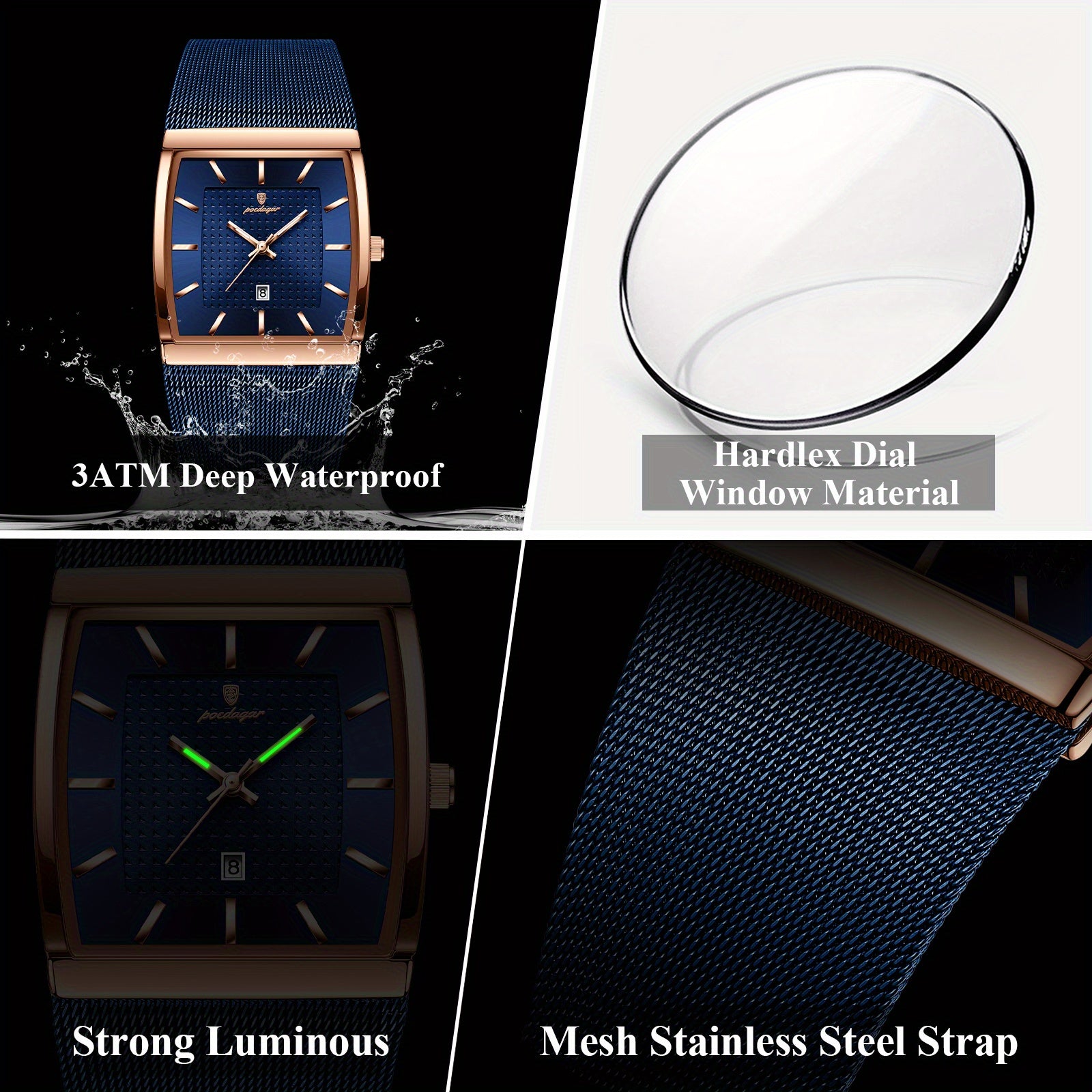 [Men's Casual Watch] POEDAGAR 885W Men's Fashion Casual Watch, 3ATM Waterproof With Blue Dial, Stainless Steel Mesh Band