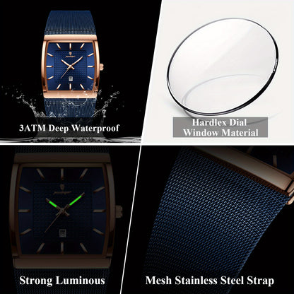 Men's Waterproof Fashion Watch – 3ATM Water Resistant, Stainless Steel Mesh Band, Multi-Color Dial, Casual Business Wristwatch for Men