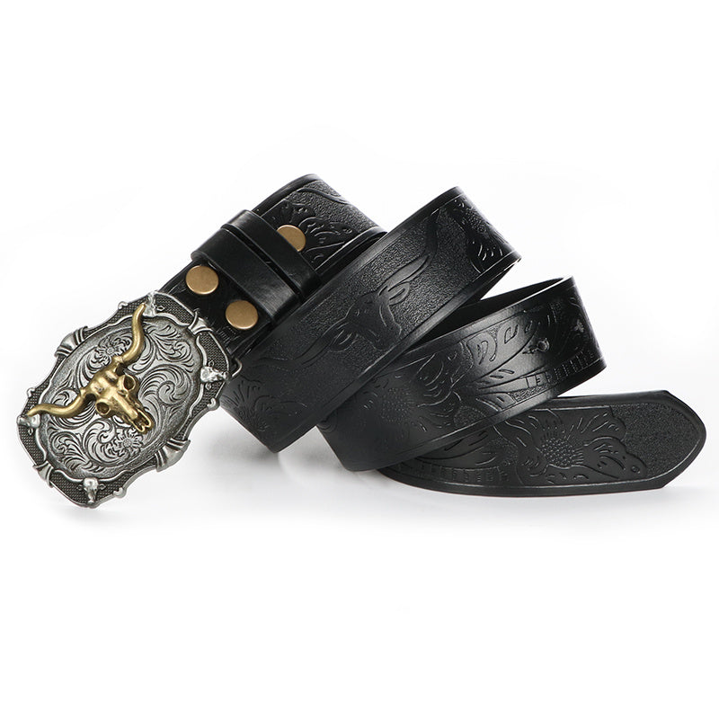 2pcs Men'S Western Cowboy Faux Leather Belts with Bull Buckle | Durable Embossed Floral Design in Black & Brown - Perfect for Western Events, Parties & Gifts | Brand: VERSDO, Buckle Material: Zinc Alloy Golden
