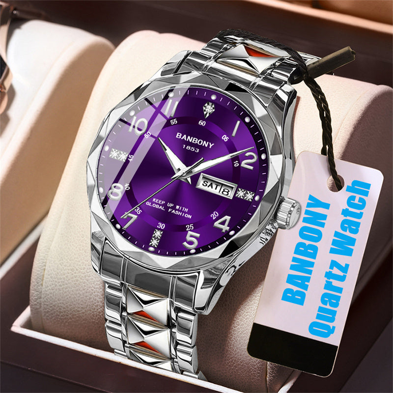 New BANBONY Brand Stainless Steel Quartz Watch Men's & Women's with Rhinestone-Embellished Simple Digital Round Dial, Luminous Display Multifunctional Fully Automatic Wristwatch for Casual Sports IPX7 Waterproof Holiday Birthday Family Party Gift