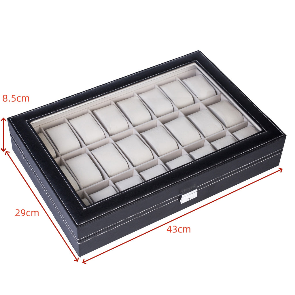 24 Compartments Top-level Opening Style Leather Watch Collection Box Black