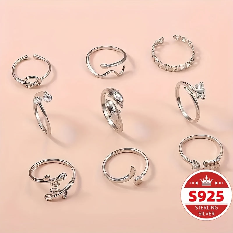 9pcs S925 Sterling Silver Adjustable Foot Ring Set Snake Butterfly Dragonfly Dolphin Heart Leaf Etc Shape Foot Ring Set for Women