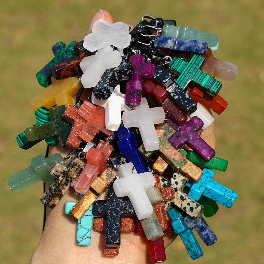 40pcs hybrid natural stone cross pendant- 20pcs stylish cross pendant with 20pcs adjustable black imitation leather necklace, quartz imitation gem jewel for DIY necklaces, bracelets and earrings, for Teenager