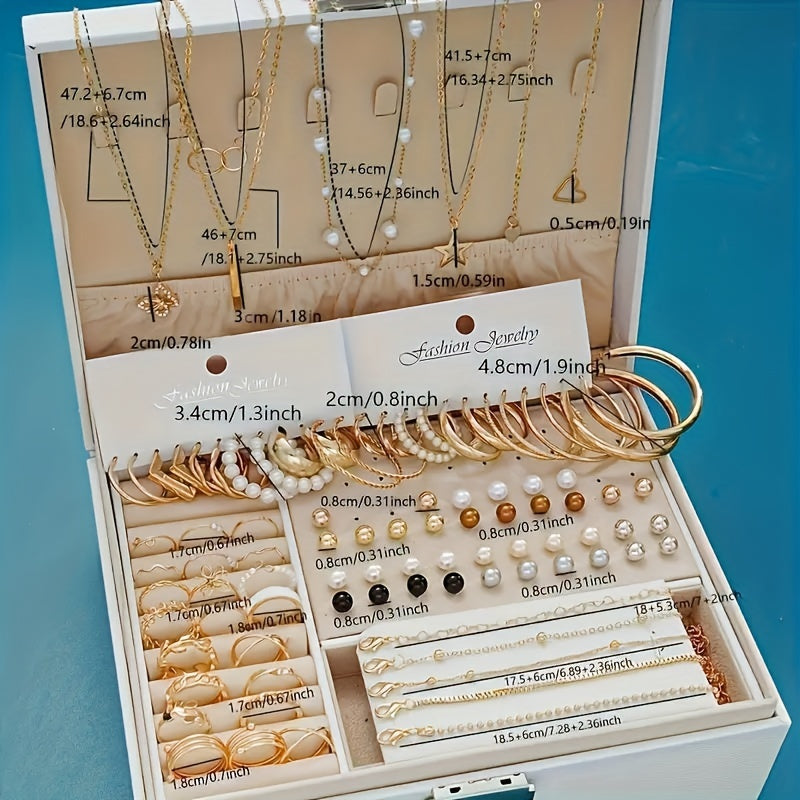 86pcs Easy Faux Pearls Love Butterfly Stars Moon Necklace Bracelet Ring Earrings Jewelry Set Women'S Autumn And Winter Daily Match Attend Party Holiday Dating Holiday Gift (No Box)