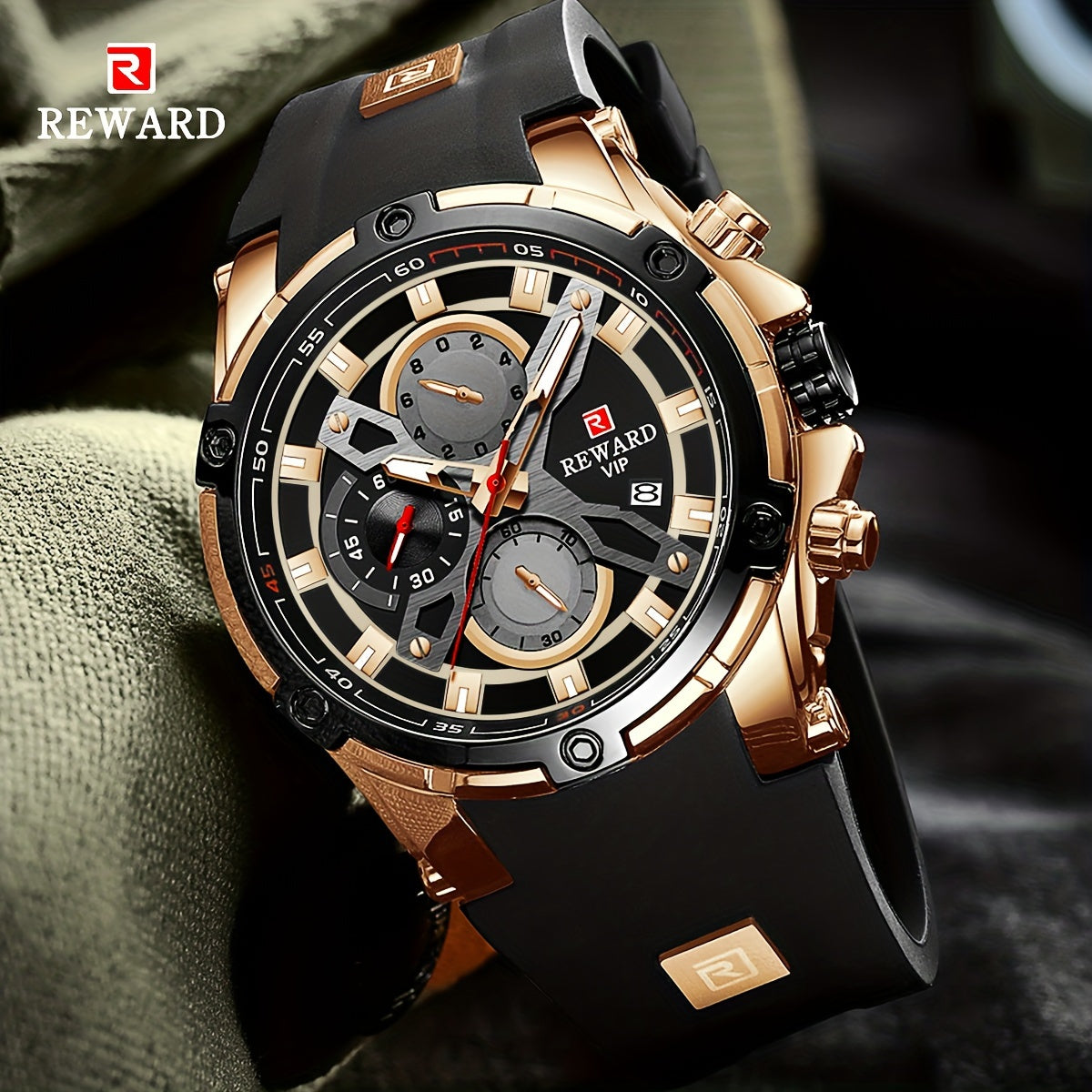 REWARD Sport Watch for Men - Luxury Studded Bezel Quartz Wristwatch, Luminous Dial with Date Display, Fashion Casual Chronograph Style Watch in Rose Gold Black Green