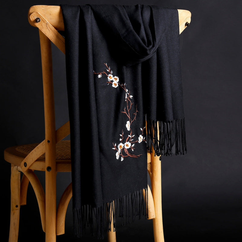 Autumn Winter Imitation Cashmere Embroidered Scarf | Ethnic Style Tassel Shawl, New Cold-Proof Warm Solid Color Women'S Neck Warmer, Vintage Craftsmanship, Hand Wash or Professional Dry Clean