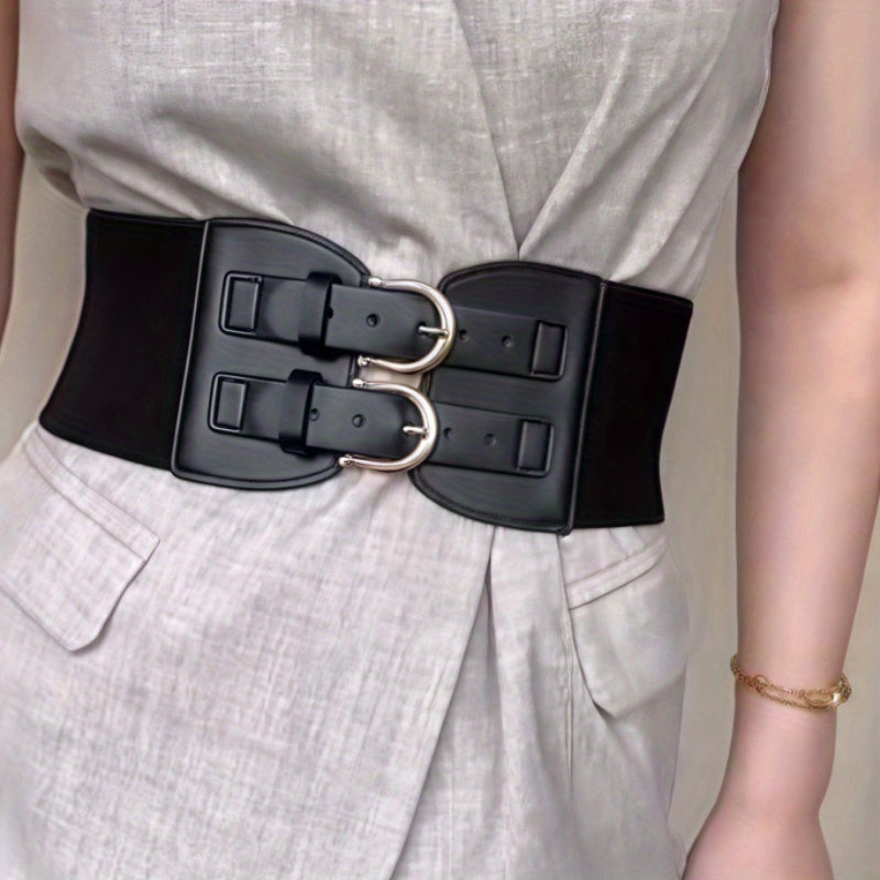 A Plain Bimetallic Buckle Width Women'S Corset Belt, a Casual And Easy Elastic Accessory for Dresses, Shirts, Coats, Suits, Suitable for Parties, Commuting, Street Events, And Holiday Outfits (Packaged in an Opp Bag)