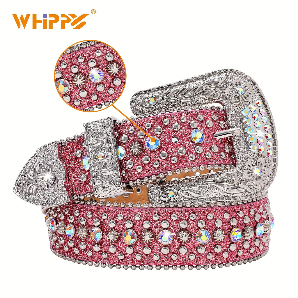 1Pack/2Pack WHIPPY Sparkling Rhinestone Men'S Belt - Made of Vegan Faux Leather with a Secure Buckle, Adjustable Dress Strap Suitable for Casual, Party, Or Festival Wear - A Unique Designer Gift for Him (Christmas, Birthday, Anniversary