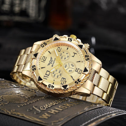 Men's Chunky Sport Watch – Gold & Silver Plated Chronograph-Style Bold Case, Blue Dial Option, Trendy Fashion Wristwatch for Men