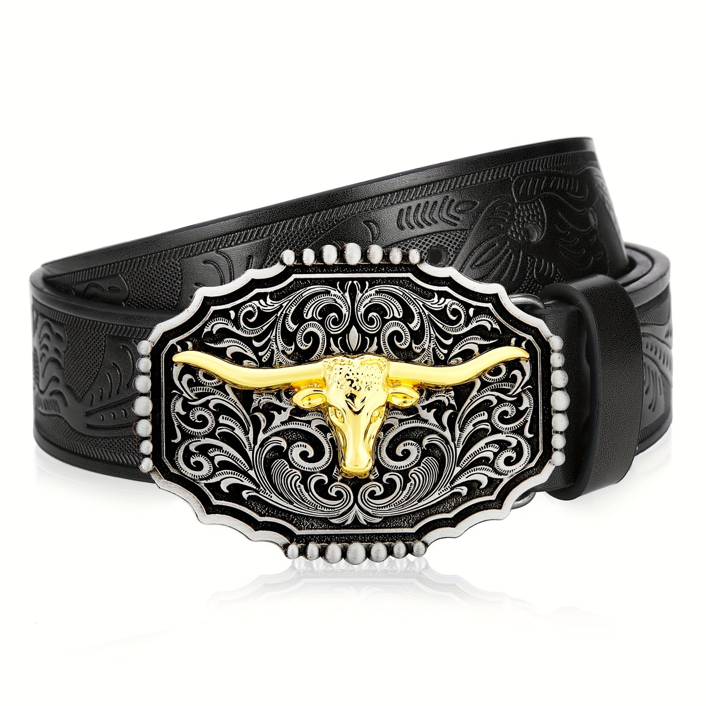 Western Belt for Men - Embossed Floral Cowboy Belt, Longhorn Bull Pattern Big Buckle, Faux Leather, Sizes 34-44, 23 Colors, Stylish & Durable
