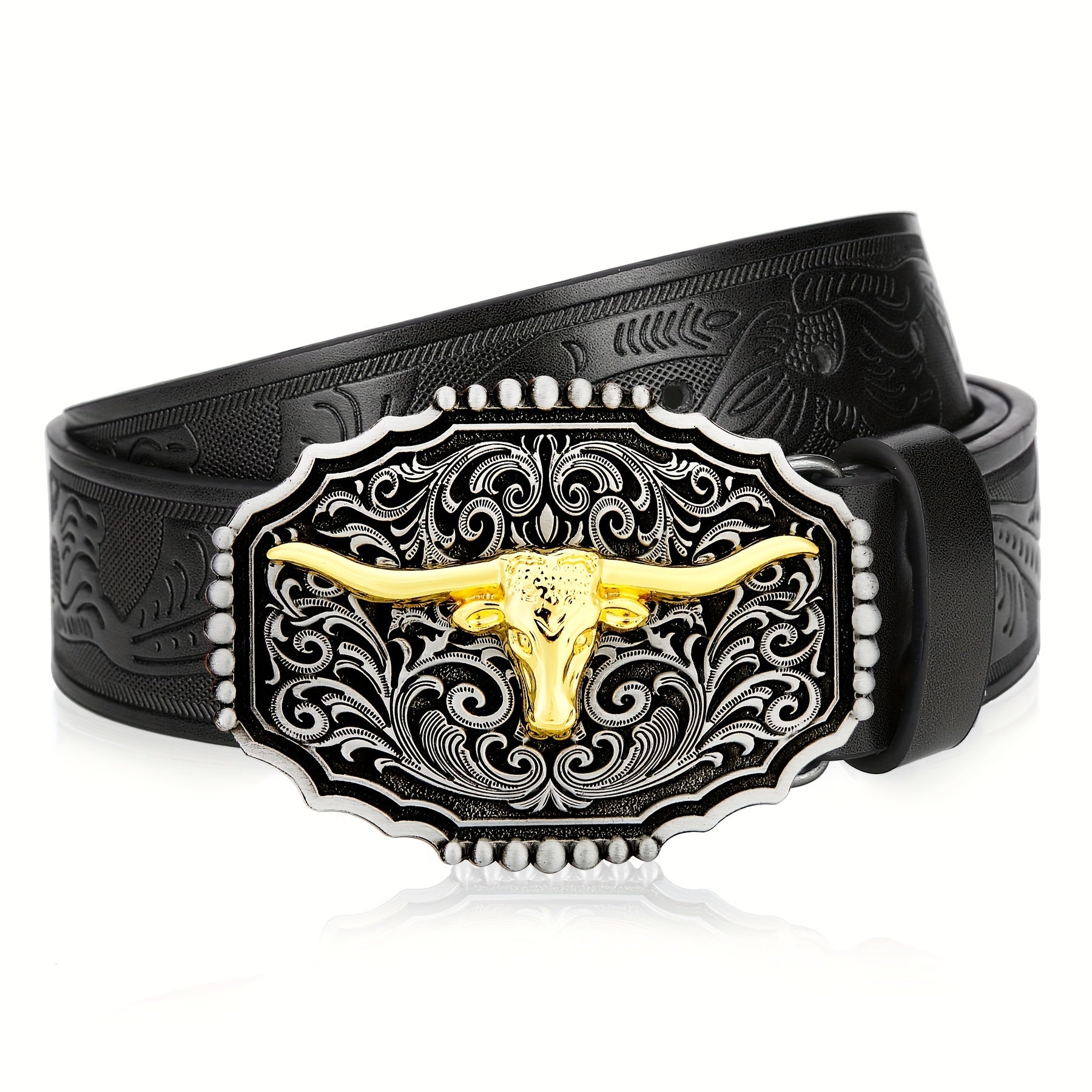 Mens Western Cowboy Cowgirl Embossed Floral Faux Leather Belt - Longhorn Bull Pattern Letter Big Buckle Belt - Stylish, Durable, Belts For Men