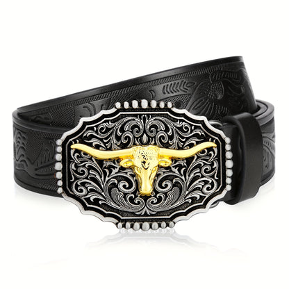 Western Belt for Men - Embossed Floral Cowboy Belt, Longhorn Bull Pattern Big Buckle, Faux Leather, Sizes 34-44, 23 Colors, Stylish & Durable