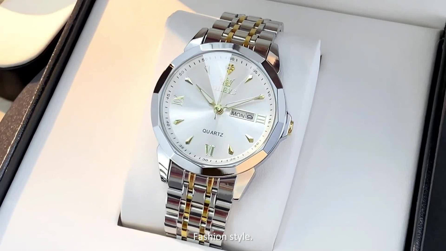 Men's Multifunction Sport Watch | Stainless Steel Luminous Quartz Wristwatch with Date Display, Luxury Dress Sport Watch for Men in Gold, Blue, Gray & White