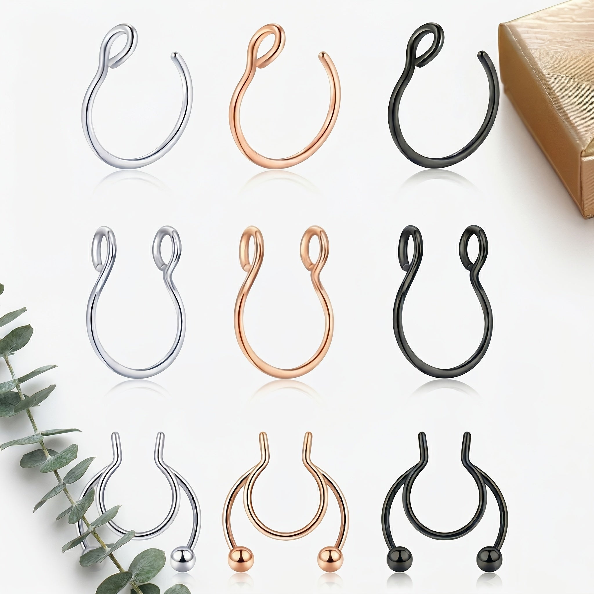 9/16/28pcs Fashion Fake Septum Fake Nose Rings Hoops, Faux Nose Piercing Hoop Clip On Nose Rings, Non Piercing Sparkling Body Piercing Jewelry for Women Men