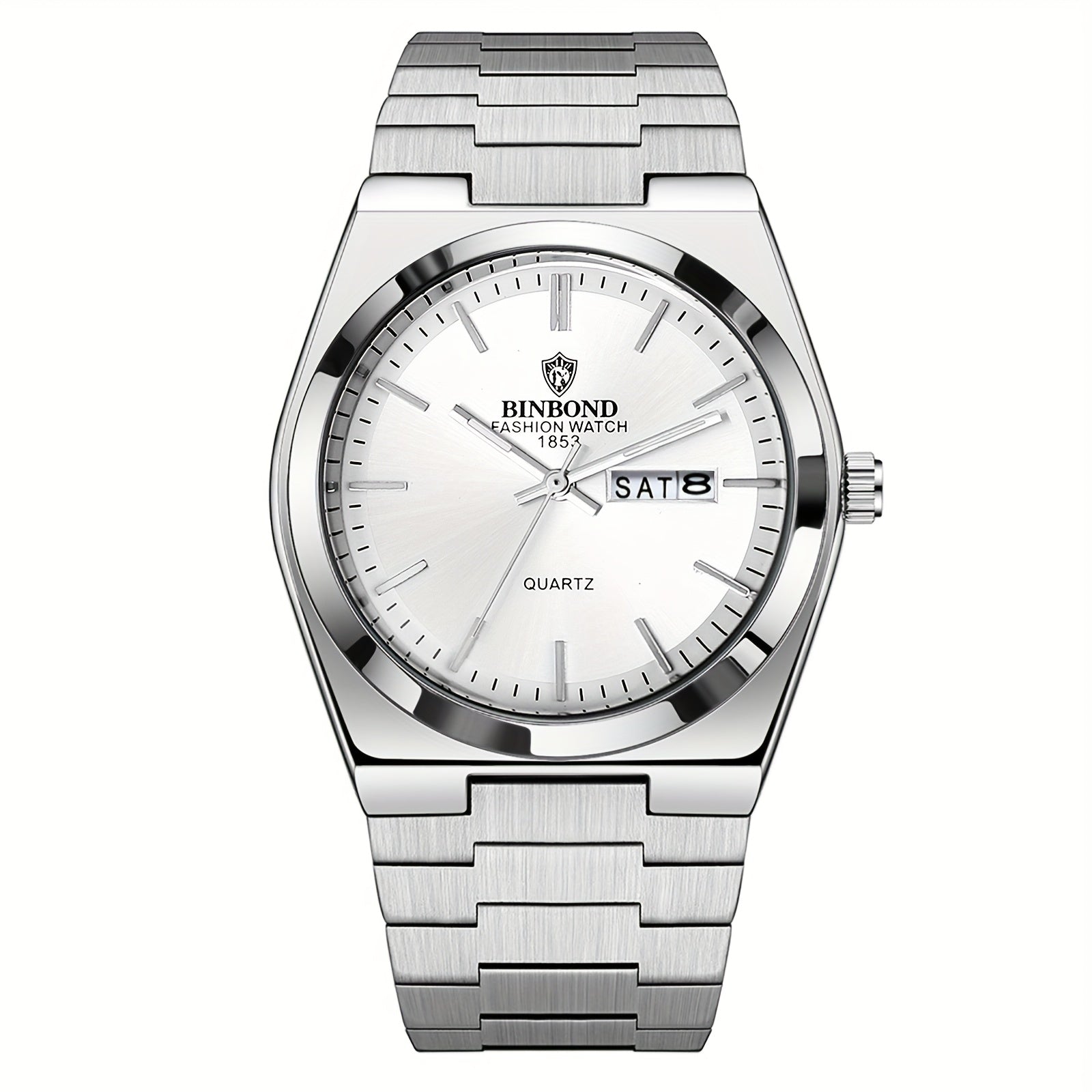 Jewelrywe Mens Week Date Calendar Luminous Dial Solid Stainless Steel Band Quartz Watch Business Wristwatch