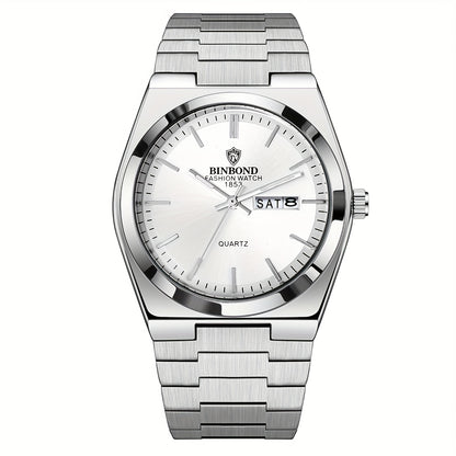 Men's Week & Date Calendar Quartz Watch with Luminous Dial - Solid Stainless Steel Band Business Wristwatch for Men, Dual Calendar Analog Timepiece in Gold & Silver Tone